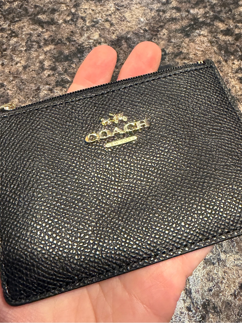 Coach Black Pebbled Leather Zip Card Pouch with Gold Logo